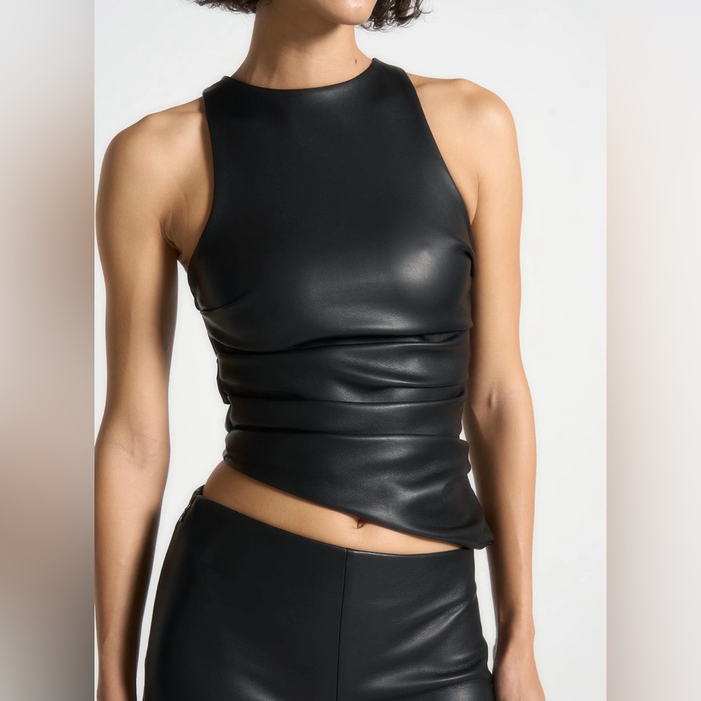 Maniere De Voir Black Faux Leather Top Skinny Jumpsuit Pants Set
